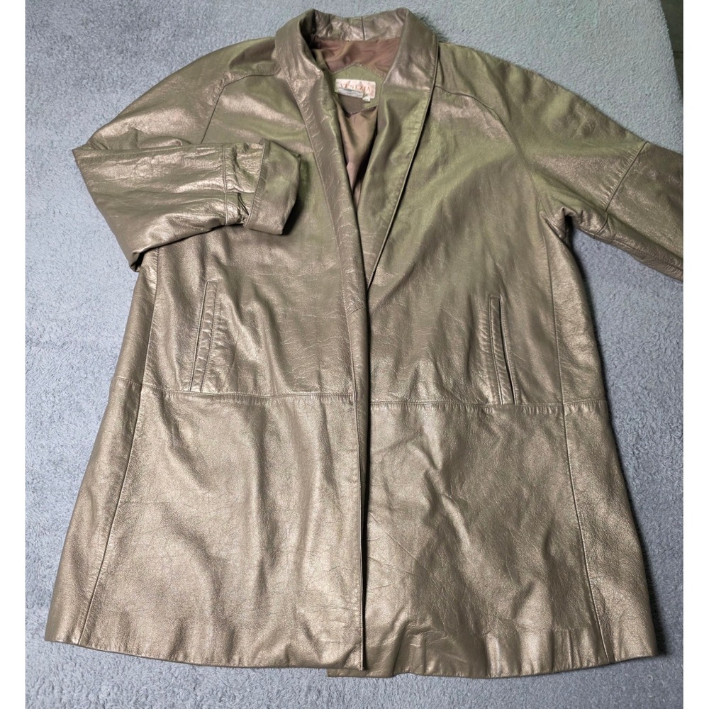 Venezia Womens A8 Leather Car Coat Metallic Bronze Gold Open Front Shawl Vintage